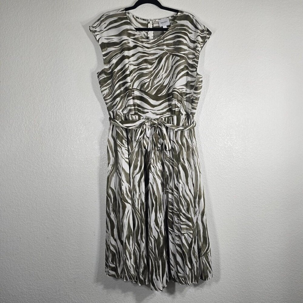 Nine West Zebra Animal Print Midi Dress Women XL Cap Sleeve Semi Sheer Western